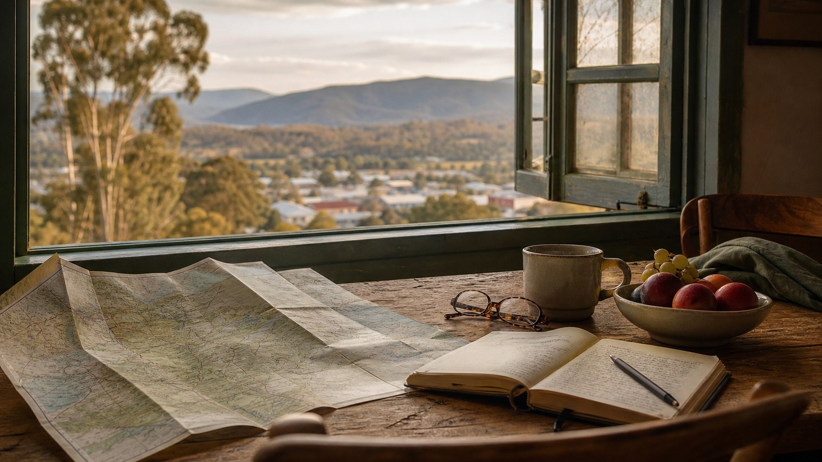 A kitchen table with an open map and cup of tea beside a window over a valley town at golden hour.